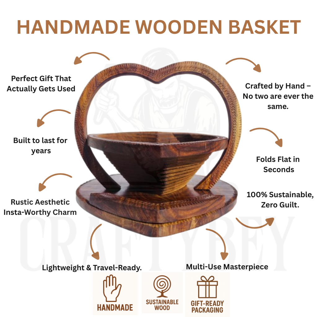 CRAFTYBEY Chic Handmade Wooden Collapsible Heart Basket